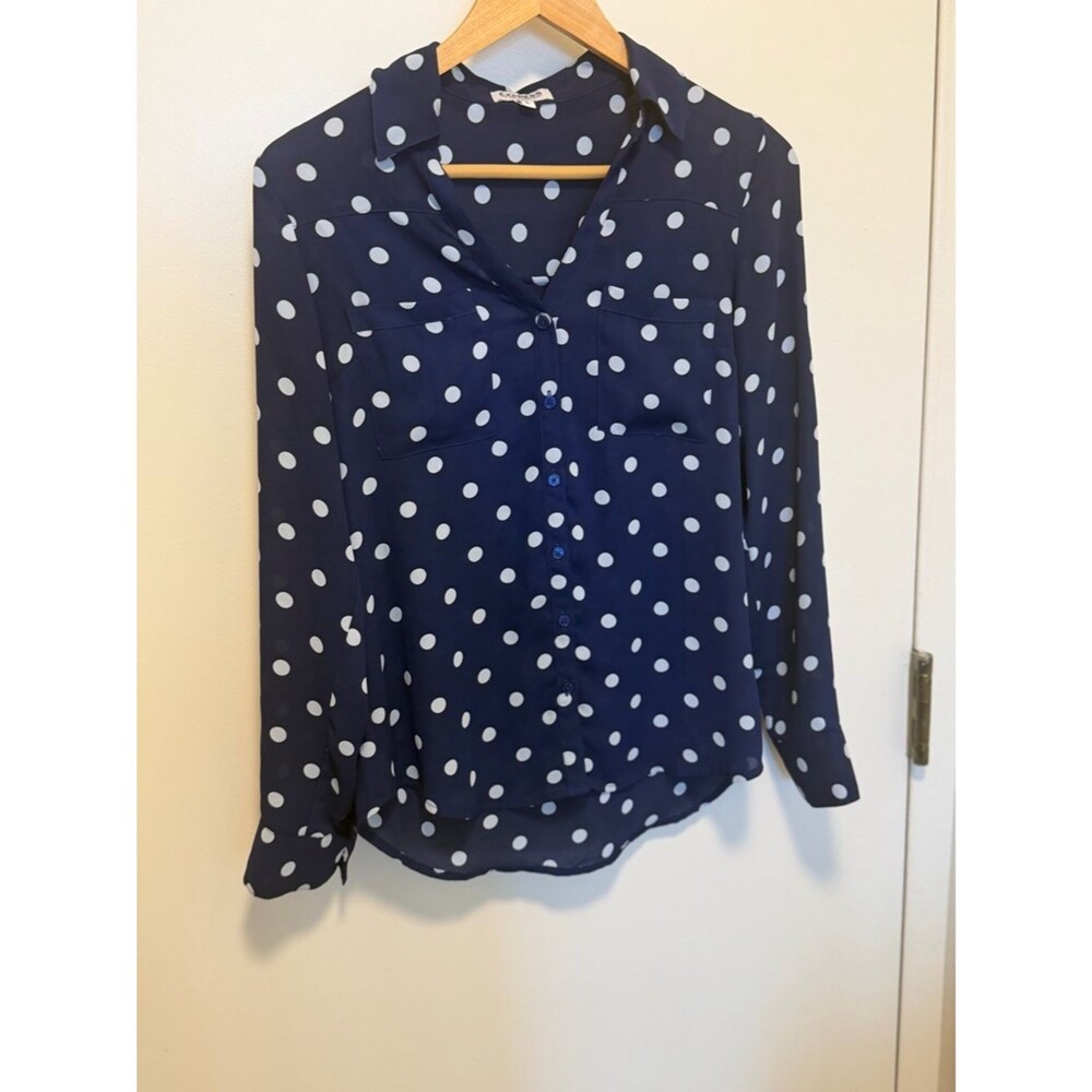 Express navy polka-dot button-up blouse size small